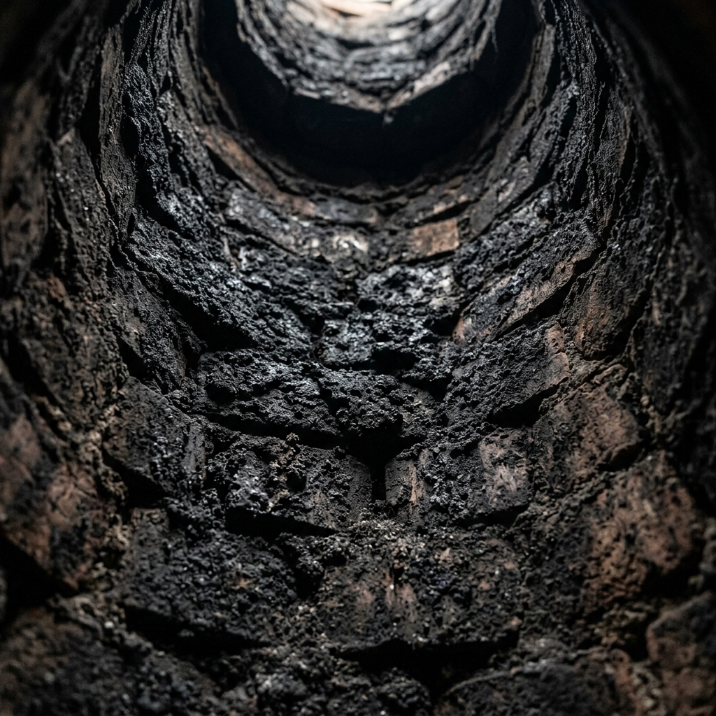 Chimenea obstruida con hollín y creosota antes de limpiar