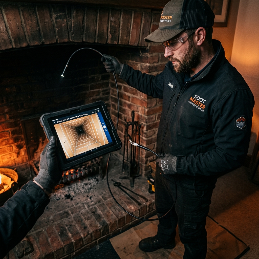 Técnico profesional realizando inspección con cámara digital en chimenea